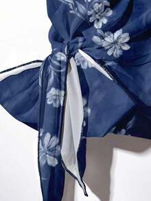 Clasi Conjunto de 2 piezas de camisa de manga corta holgada con lazo y pantalones rectos holgados, de estilo vintage elegante y versátil, con estampado floral azul sobre base blanca, adecuado para otoño/invierno, cómodo y cálido - Multicolor 9 - Ver 5