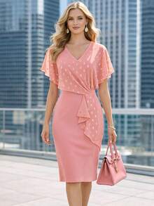 Vestido de chifón ajustado tipo lápiz para mujer, con volantes, cuello en V, estampado de lunares, largo hasta la rodilla, para cócteles y fiestas de verano. - Rosa - Ver 3