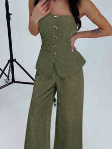 xheFirerie Conjunto de 2 piezas de top tipo tubo con botones metálicos elegantes y minimalistas, y pantalones de pierna ancha de cintura alta, apropiado para ir a la oficina, ocio, vacaciones, veranoxhe - Verde militar - Ver 6