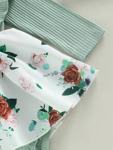 Mono de bebé niña para primavera y otoño, con estampado floral acanalado, volantes y manga larga, además de diadema con lazo. - tinta verde - Ver 9