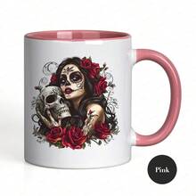 [24-Hour Shipping Within Mexico] Double-Sided Printed Mug, 1 Piece, An 11-Ounce Ceramic Coffee Mug With A Day Of The Dead Sugar Skull And Rose Design, Dishwasher , Showcasing A Unique Work Of Art, Making It A Great Gift For Loved Ones, Perfect For Holidays Or Parties. - 2 - 查看 4