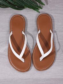 Spring/Summer New Thong Sandals, Round Toe Flat Flip Flops, Casual Indoor/Outdoor Slippers - White Brown - View 5