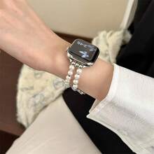1件優雅設計雙層珍珠串珠水晶蝴蝶圖案手錶錶帶，相容於Apple Watch Ultra/SE/11/10/9/8/7/6/5/4/3/2/1，38/40/41/42/44/45/46/49mm，可調節尺寸錶帶[僅錶帶，不含錶盤和錶殼] - 珍珠錶帶 - 查看 5