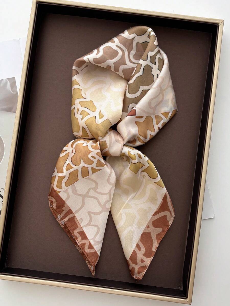 1件奢侈品牌豹紋正方形絲巾 絲綢質感 女款休閒多用途裝飾小方巾 - 卡其色 - 查看 1