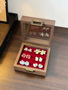 1pc Vintage Wooden Jewelry Box With Lid, Transparent Dust-Proof Storage Box For Earrings, Rings, Bracelets, Portable Small Accessory Organizer - Multicolor - View 15