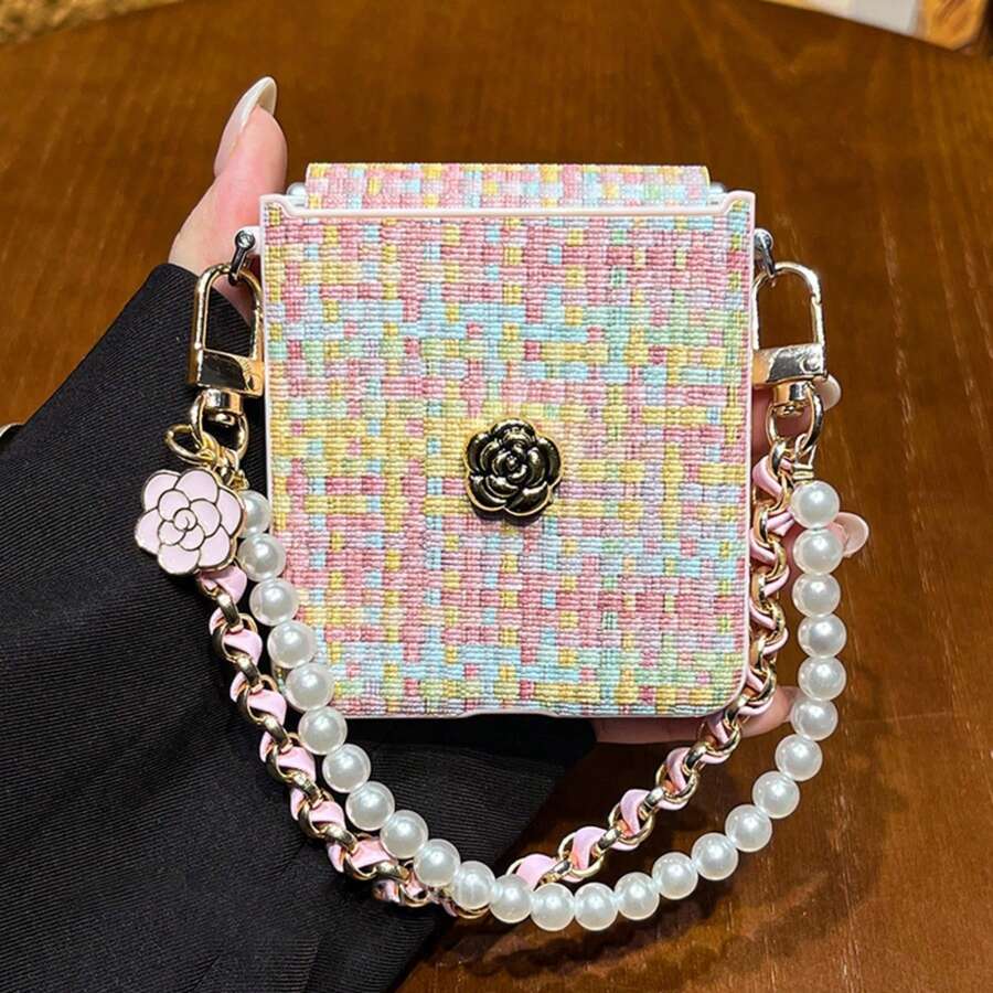 Colorful Woven Pattern Phone Case With Flower Pearl Chain, Compatible With Samsung Galaxy ZFlip7 Flip8 Z Flip6 ZFlip 5 Zflip6 Zflip5, Shockproof Back Cover - Pastel - View 1