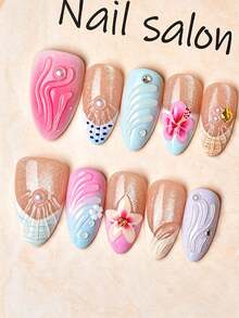 10pcs Medium Almond Nail Stickers, Macaron Multi-Color Design Acrylic Nail Art Decals, 3D Floral, Shell Pattern & Pearl Accents, Fresh Summer Island Vibe, Suitable For Women's Vacation, Party And Daily Wear, Removable And Reusable Nail Accessories Nails - Multicolor - View 3