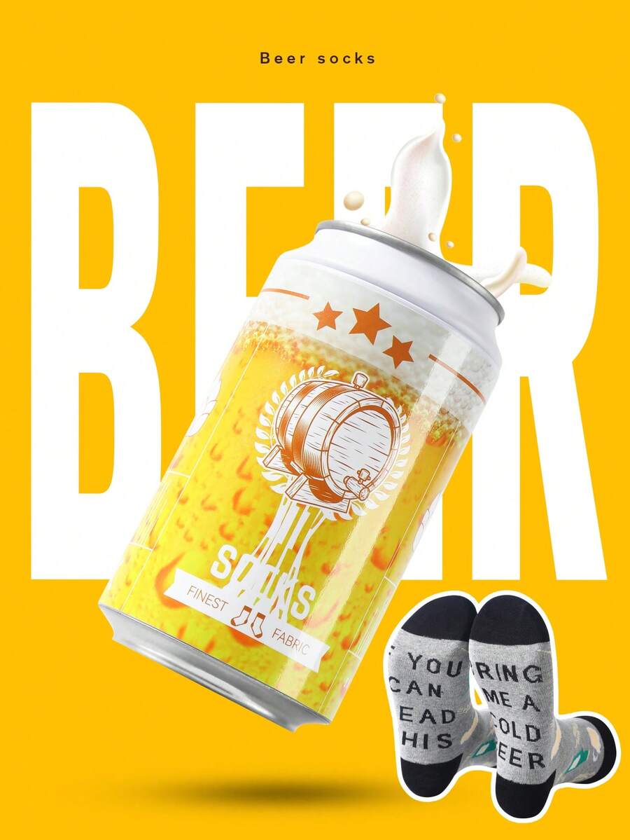 1 par de calcetines de media caña con base gris y talón negro, diseño de tubo de cerveza, set de regalo en caja metálica para pareja, Body de elasticidad moderada con estampado divertido de etiqueta de cerveza en inglés, diseño creativo y realista de cerveza, adecuado para reuniones de amigos / regalo sorpresa de Nochevieja y Navidad, calcetines vintage y peculiares para uso casual diario, regalo perfecto para viajes cortos / barbacoa al aire libre / deportes de fitness / beber en casa y otras ocasiones, transpirable para todas las estaciones, versátil para fiestas y uso en el hogar