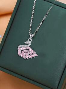 1pc Elegant Pink Cubic Zirconia Inlaid Animal Pendant Necklace, Ideal Gift For Date - Silver - View 5
