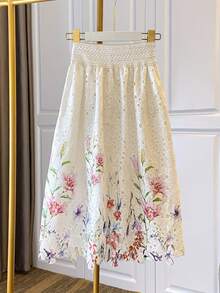 High-Waisted Elastic Skirt With Embroidered Lace And Water-Soluble Print - 藍色 - 查看 10