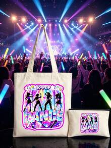 K-Pop帆布托特包，印有「Dance」與酷女孩偶像圖案，大容量肩背包，手繪插畫肩背包，粉絲周邊禮物，通勤與購物袋，可折疊大容量休閒購物袋，適合各種場合，適合旅行、演唱會、粉絲活動、派對、日常使用，理想的生日禮物、偶像周邊禮物、節日禮物、演唱會禮物 - 彩色 - 查看 2