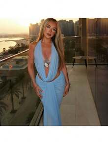 Vestido largo asimétrico azul claro para mujer, sin mangas, sin tirantes, de fiesta, con detalle de volantes, ligeramente elástico, ajustado al cuerpo para ocasiones especiales. - Azul - Ver 3