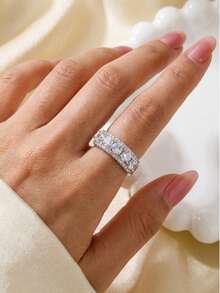 1pc Sparkling Full Rhinestone Half-Row Ring, Copper With Zirconia Stones, Luxury Wedding Ring Alternative, Open Adjustable Wide Band Ring - Silver - View 3