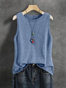 Women's Solid Color Knit Vest, Retro Japanese Style Layering Casual Short Cardigan, Versatile For Summer Vacation, Autumn, Spring - Blue - View 5