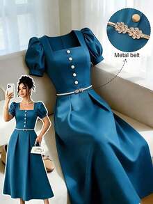 Vestido largo de mujer talla de unicolor elegante con botón decorativo y cinturón de metal para la cintura, primavera/verano - Azul - Ver 8