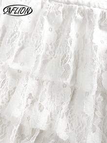 Aflion Women's Summer Autumn Y2K Cream Lace Midi Dress, Layered Ruffle Asymmetrical Hemline Sheer Semi-See-Through Party Dress For Halloween - White - View 5