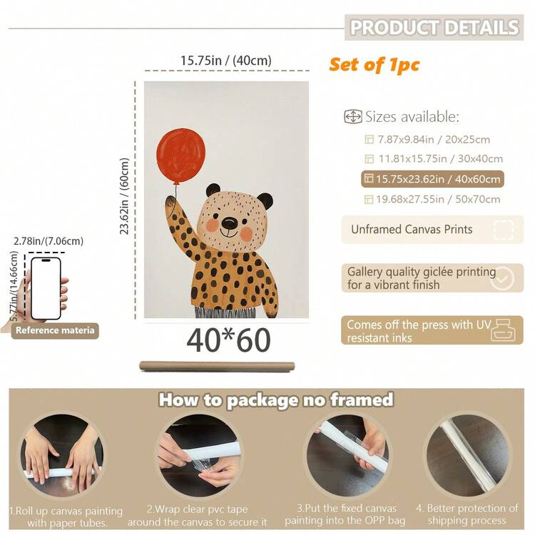 1 bức tranh vải bố treo tường, tranh trang trí phòng trẻ em có khung, tranh nghệ thuật động vật ngộ nghĩnh, với các thiết kế đáng yêu như sư tử và hổ trượt ván, báo đốm cầm bóng bay, khỉ chơi quần vợt, gấu koala trên xích đu và gấu trượt ván, trang trí phòng trẻ em trung tính, tranh có khung sẵn để treo. - Nhiều màu - Xem 15