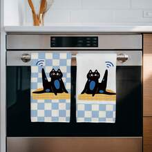 2pcs Cute Black Cat Checkered Pattern Kitchen Towels, 40*60cm Microfiber Dish Cloths, Cleaning Rags, Hand Towels, Kitchen Decor, Housewarming Gift - Multicolor - View 5