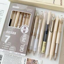 7pcs/Set Push Button Ballpoint Pens & Liquid Ink Pens With Different Nibs, For Students, Quick Dry, Neutral Color Back To School - Apricot - View 5
