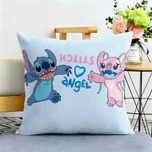 Disney Lilo & StitchCushion Cover Cover, Cute Jumping Stitch And Angel With "Stitch & Angel" Lettering DecorativeCushion Cover, Soft Light Blue Squarefor Kids Bedroom Sofa Couch - Color - View 4