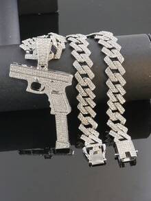 Men's Hip Hop Gun Pendant Jewelry Set, Cuban Chain Bracelet & Watch 1 Set, 15mm Diamond Street Style Shiny Set, Men's Gift, Suitable For Party & Birthday - Gun Pendant Necklace Set - View 24