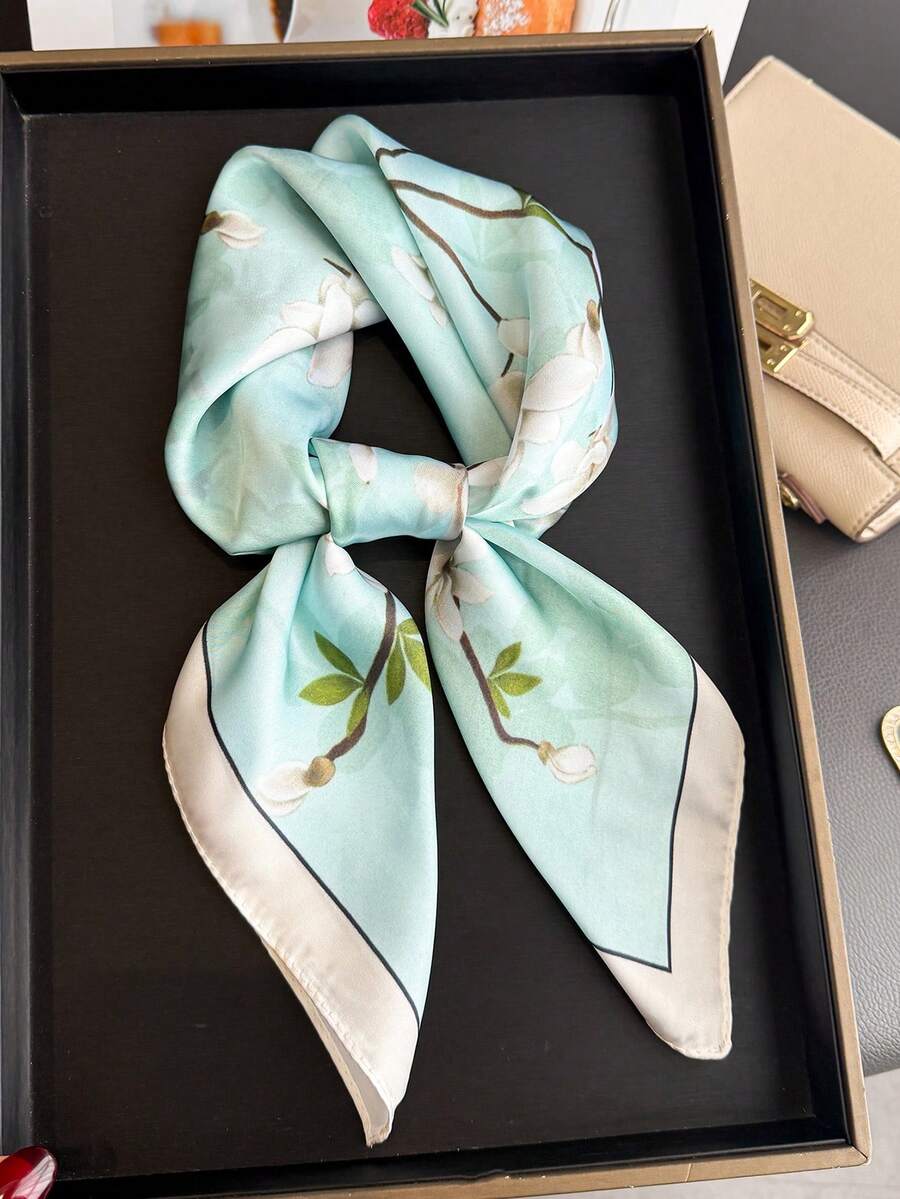1pc Women's Elegant Retro Printed Lightweight Satin Square Faux Silk Scarf, Bohemian Style Casual Neck Scarf, Shawl, Thin & Comfortable Ladies Headscarf, Suitable For Spring/Summer Daily Wear And Outings - Multicolor - View 1