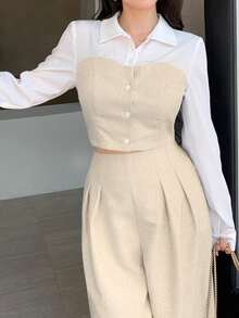 abyoxi 女款杏色翻領長袖單排扣假兩件式短版襯衫，休閒通勤日常極簡辦公風秋冬短上衣（僅上衣） - 淺杏色 - 查看 5