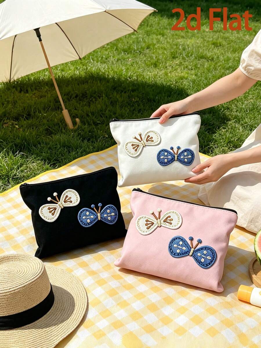 2D手工蝴蝶刺繡化妝包,可愛帆布拉鍊化妝袋,便攜式旅行盥洗包,多功能零錢包,口紅與耳機收納袋,多色可選,精美日常手拿包,適合女性與蝴蝶愛好者的理想禮物,適用於旅行、上學與日常使用(非3D設計) - 彩色 - 查看 1