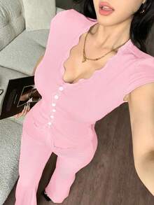 abyoxi 女款粉色蕾絲拼接短袖V領單排扣收腰修身T恤與喇叭長褲兩件套，復古優雅，休閒、通勤、約會、日常穿搭，針織上衣與長褲夏秋套裝 - 淡粉紅色 - 查看 3