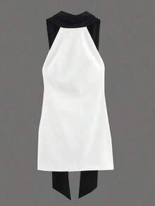 Vestido mini ajustado negro y blanco con lazo y espalda descubierta, de tela tejida de color contrastante, elegante para fiestas de verano - Blanco - Ver 6