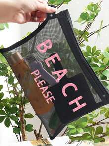 Borsa da spiaggia in rete con la scritta "Beach_please", pochette cosmetica portatile per rossetti e cuscinetti, borsa da toilette con design costiero, organizer da viaggio per il trucco trasparente e spaziosa, borsa da spiaggia in stile hawaiano perfetta per le vacanze al mare, borsa della spesa portatile, ideale per vacanze, fitness, regali per la festa della mamma, San Valentino, insegnanti e donne in viaggio, brevi viaggi e necessità di viaggio - Multicolore - Visualizzare 6
