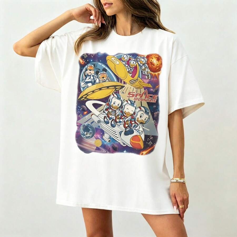 Disney Women's And Men's T-Shirts Vintage Astronaut Duck Crew Space Mountain Printed Oversized T-Shirts, 100% Cotton Retro Short-Sleeved Casual Shirts, And Graphic Printing T-Shirts For Tomorrowland Park Travel Matching Outfits - trắng - Xem 1