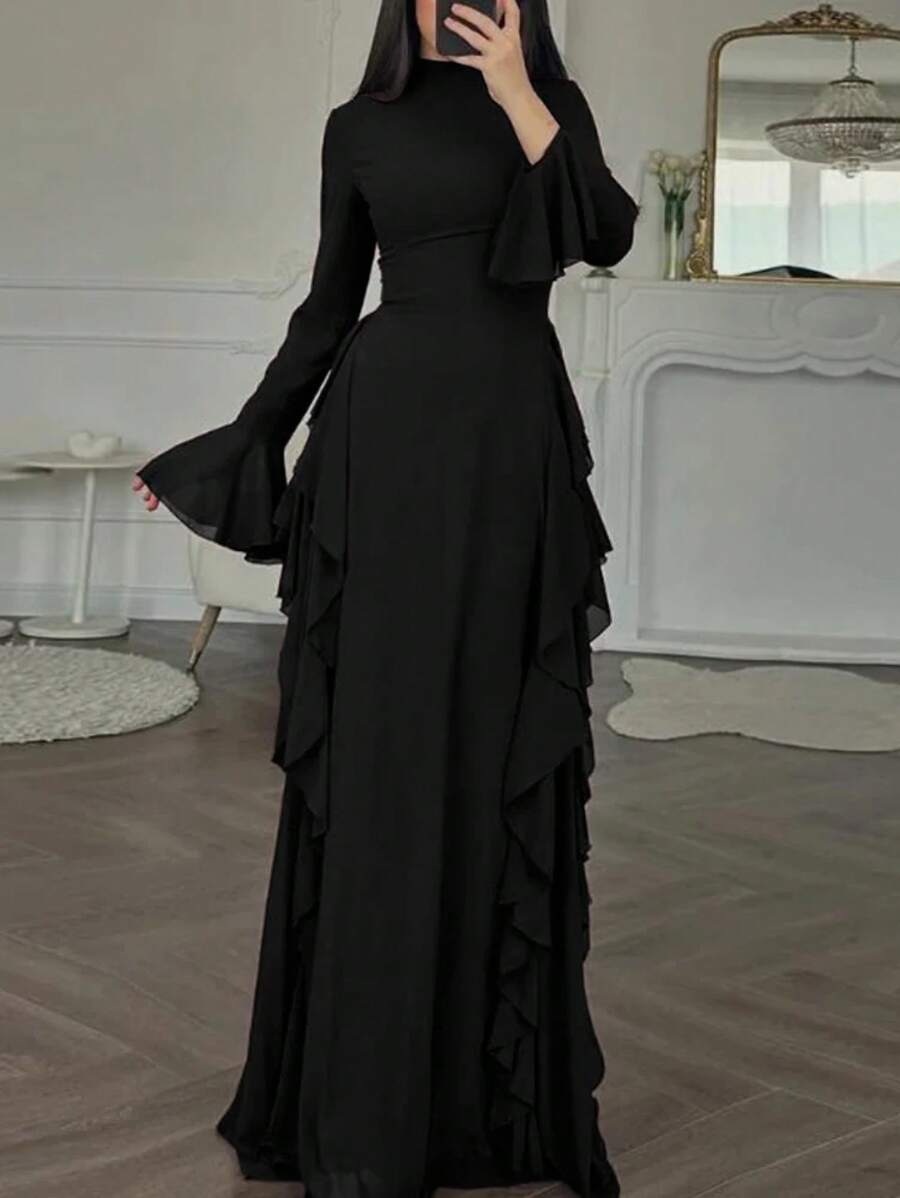 2025 Vestido largo elegante informal de cintura alta de color sólido con mangas acampanadas para mujeres europeas y americanas con mangas largas - Negro - Ver 1