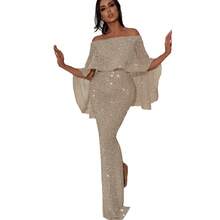 Nuevo modelo de vestido de un solo hombro con grandes volantes en la espalda, corte ajustado y abertura para uso nocturno. - Gris - Ver 6