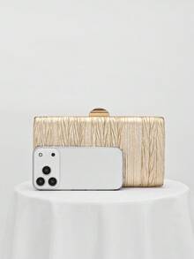 1pc Shiny Gold Pleated Elegant Small Clutch Bag, Rhinestone Chain Strap Fashion Handbag For Women, Suitable For Evening Gown, Formal Party, Wedding, Cocktail Party, Gift For Ladies - Gold - View 3