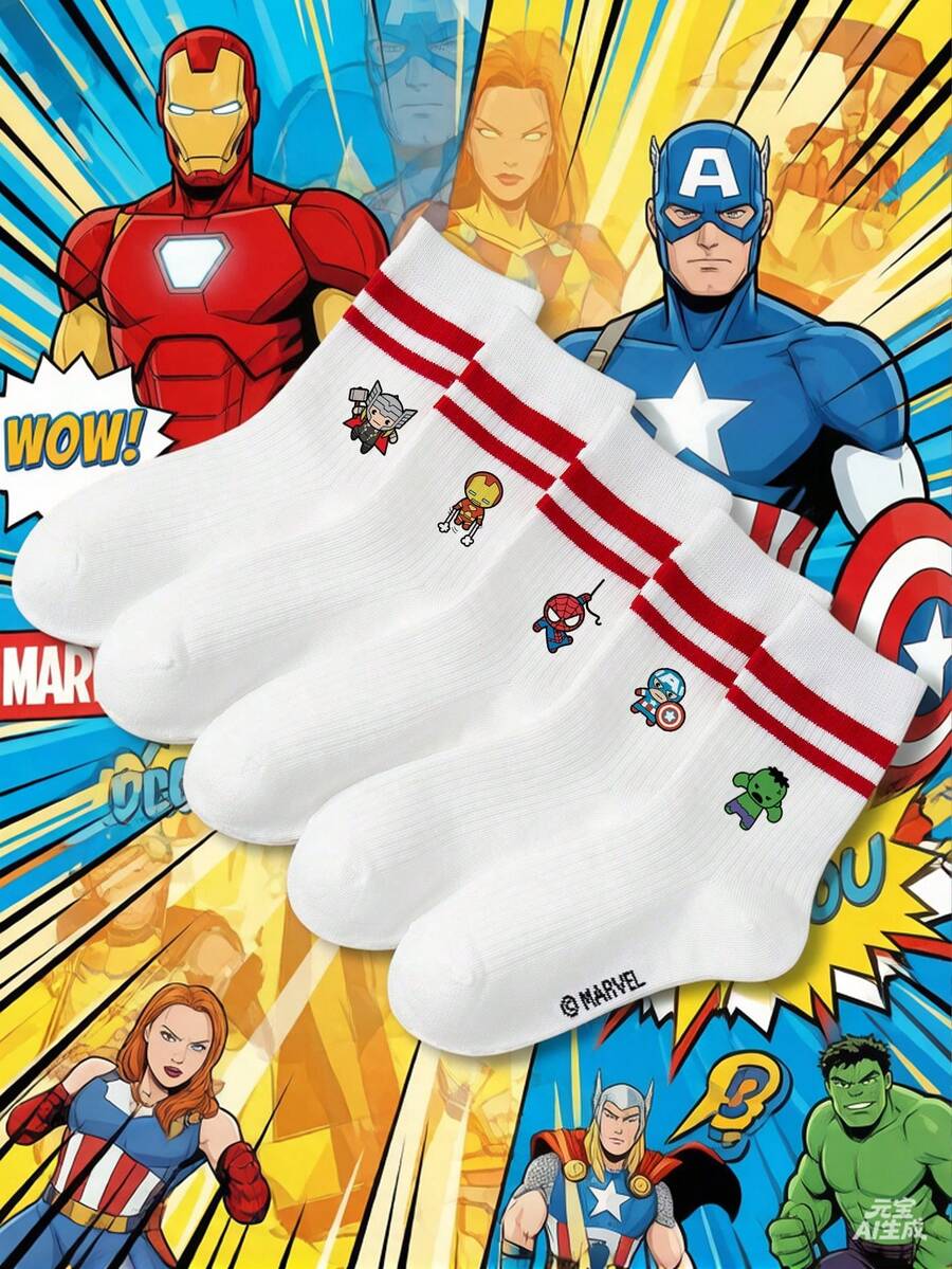 Marvel 1/5双漫威儿童袜子，蜘蛛侠和雷神图案，荷叶边设计，红白条纹中筒袜，男女童均适用，柔软透气低帮，防滑乐福袜，卡通图案短袜，可爱休闲风，适合日常穿着