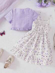 Bộ 2 món áo crop top ngắn dệt kim khoét lỗ cho bé gái kèm váy in hoa, thường ngày, xuân/hè - Màu tím - Xem 4