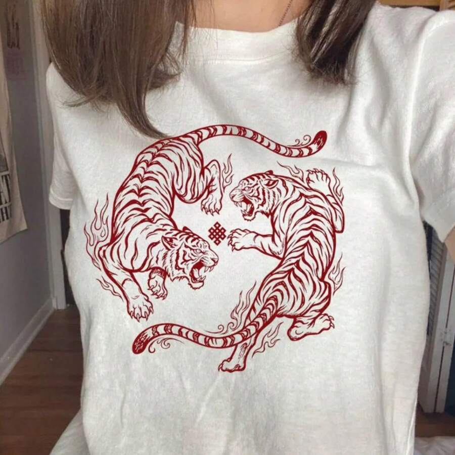 Fighting Tigers Shirt, Japanese Tiger Graphic Tee _ Asian Art Unisex T-Shirt _ Tattoo Style Gift - 白色 - 查看 1