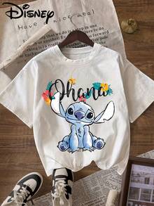 Disney 'Lilo & Stitch' Patterned Printed T-Shirt, Round Neck Pullover Women'S Casual Sports Short-Sleeve Top - trắng - Xem 1
