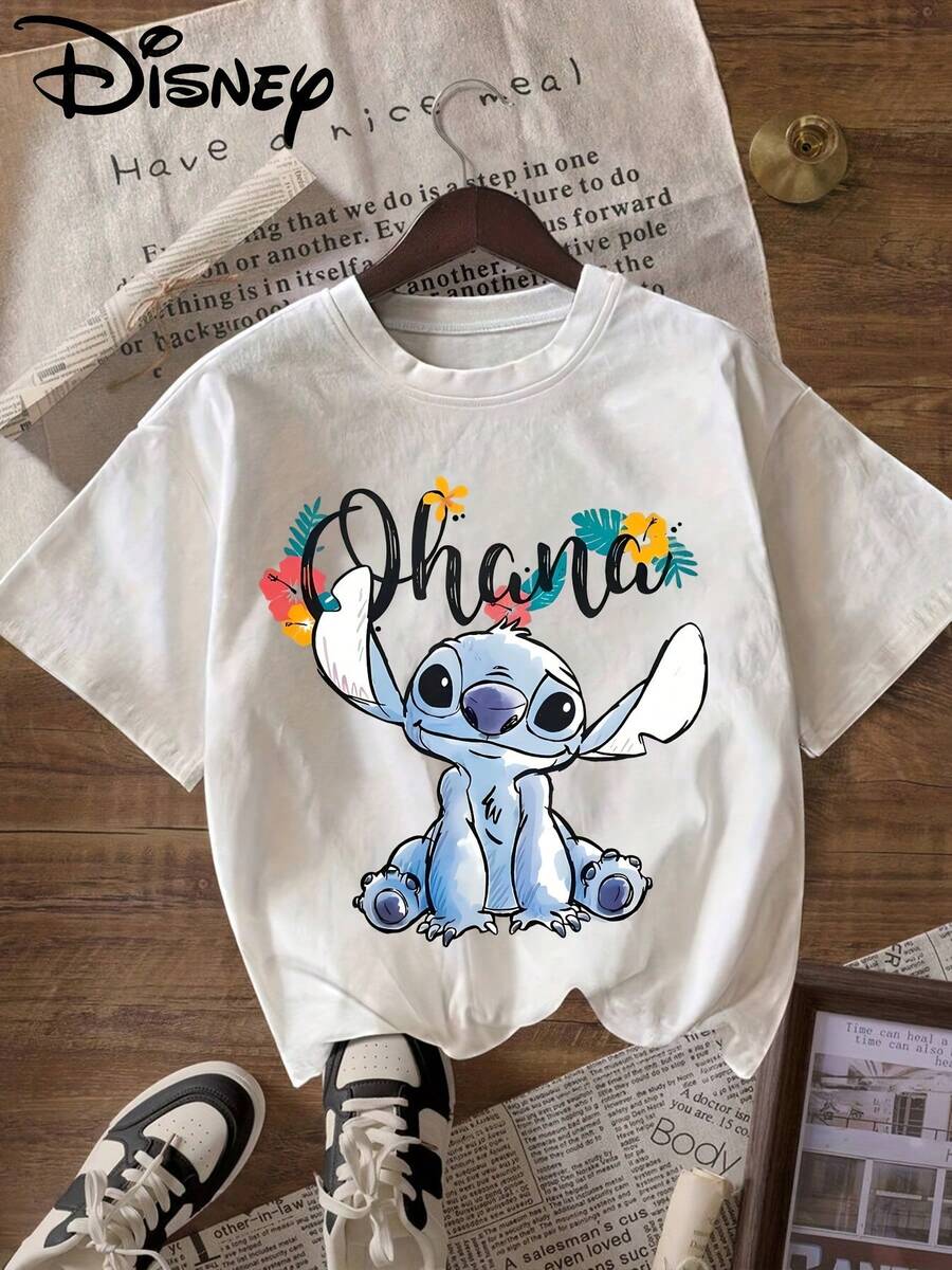 Disney 'Lilo & Stitch' Patterned Printed T-Shirt, Round Neck Pullover Women'S Casual Sports Short-Sleeve Top - trắng - Xem 1