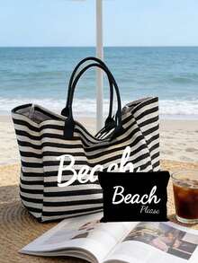 Beach Please 條紋大容量沙灘托特包套組，休閒手柄編織沙灘手提包附拉鍊收納袋，輕便夏季旅行包，適合沙灘旅行、泳池派對、度假與日常購物，可收納泳衣、毛巾、化妝品與沙灘必需品，適合女性、女孩、旅行者與沙灘愛好者，適用於復活節、夏季假期、生日與節日禮物，可作為沙灘包、托特手提包、泳池包與旅行收納包使用 - 彩色 - 查看 12