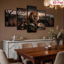 5 piezas de arte en lienzo sin marco con impresión abstracta moderna de león, decoración de pared de león, león majestuoso en su hábitat natural con agua reflectante y vegetación, lienzo con marco de madera para decoración de sala de estar, dormitorio, oficina, listo para colgar - león - Ver 3