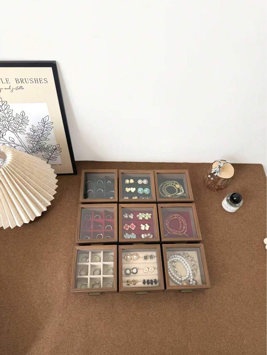 1pc Vintage Wooden Jewelry Box With Lid, Transparent Dust-Proof Storage Box For Earrings, Rings, Bracelets, Portable Small Accessory Organizer - Multicolor - View 1