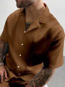 Set de 2 piezas Conjunto de verano para hombres, camisa de lino cubano ligera y transpirable y conjunto de pantalones cortos con cordón, estilo caballero vintage casual para playa, boda, fiesta, vacaciones, regalo del Día del Padre para esposo, papá, novio, cómodo y versátil - Marrón - Ver 3