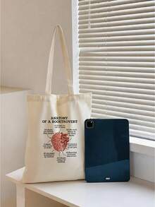 1pc Anatomy Of A Booktrot Canvas Tote Bag, "Would Rather Be Reading" Design With Brain Heart Book Lover Traits, White Bookworm Humor Bag For Library School Commute, Gifts For Readers Book Lovers Women Men - Multicolor - View 9