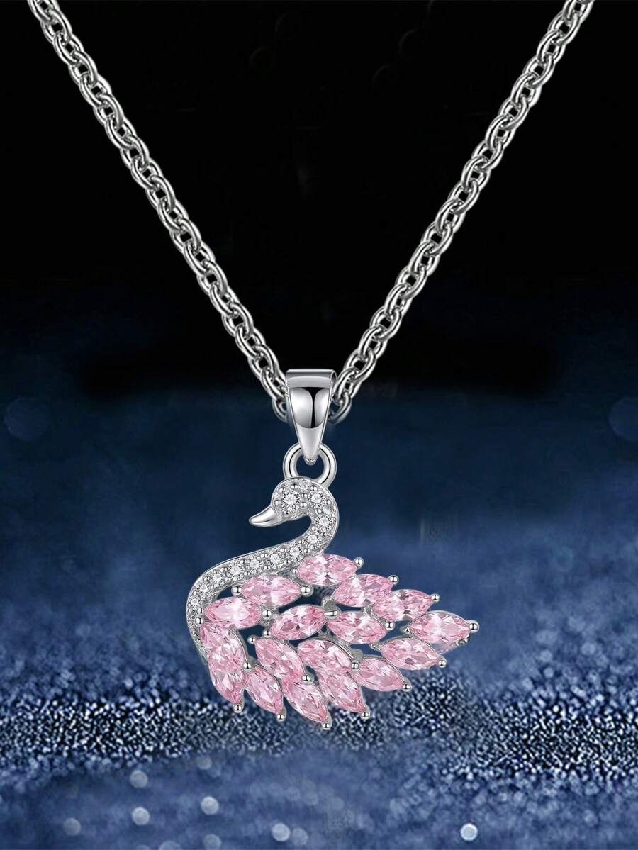 1pc Elegant Pink Cubic Zirconia Inlaid Animal Pendant Necklace, Ideal Gift For Date - Silver - View 1