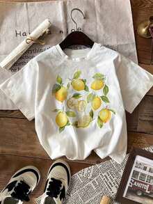Women's Lemon And Leaf Print Summer T-Shirt - Soft, Stretchy, Casual Round Neck Top, Breathable Short Sleeve Tee For Spring And Summer, Machine Washable, Comfortable For Everyday Wear, Cotton Tee. - White - View 5