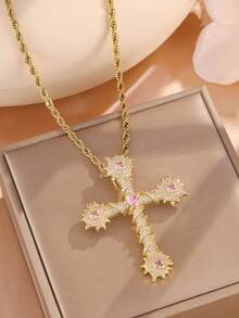 1pc Minimalist Vintage Cross Pink Zirconia Necklace, Clavicle Chain, Suitable For Christian Women Daily Wear Jewelry Accessory, Gift - Cross - View 1
