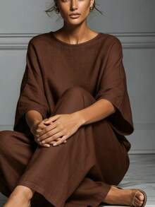 Women's Elegant Bell Sleeve Linen Set, Summer 2026, Casual And Elegant Style, European And American Style, Comfortable And Chic - 奶油 - 查看 6