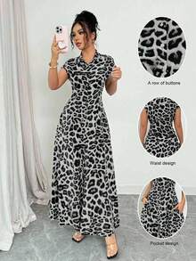 Vestido abotonado de manga corta con cuello, cintura ceñida y estampado de leopardo elegante para mujer - Gris - Ver 1